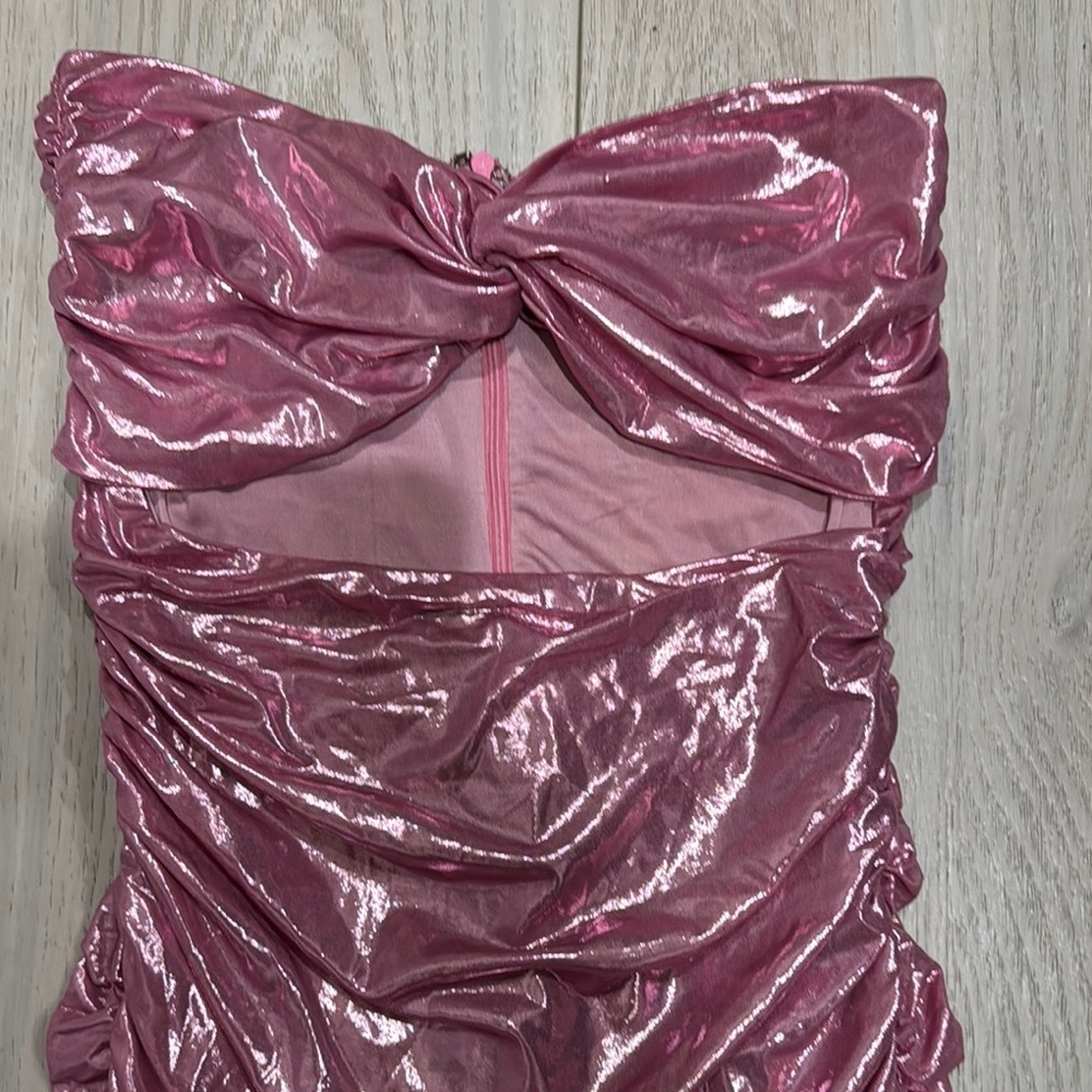Shiny Pink Strapless Ruched Mini Dress